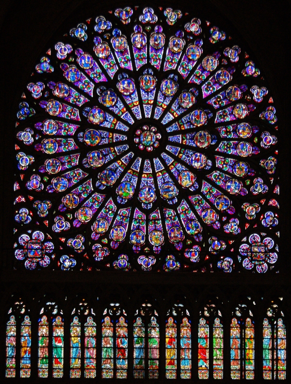 The north rose window of Notre Dame, Paris, seen from the inside.  Built in 1250 AD